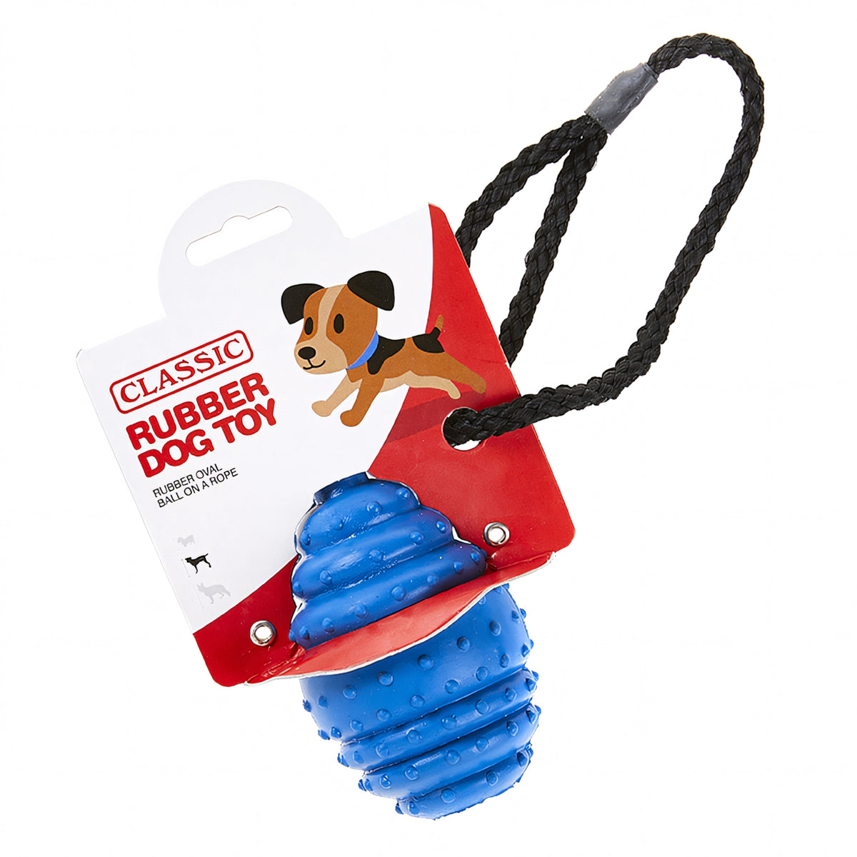 Classic Rubber Oval Ball on a Rope Dog Toy 10cm — Red, Blue or Purple