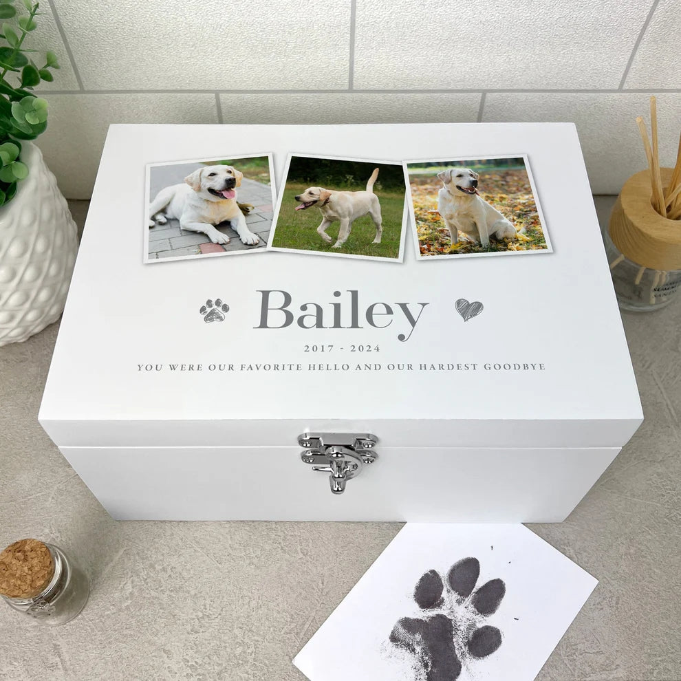 Personalised White Wooden Three Photo Pet Memorial Keepsake Box 3 Sizes