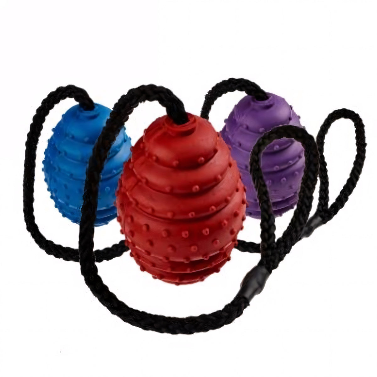 Classic Rubber Oval Ball on a Rope Dog Toy 10cm — Red, Blue or Purple