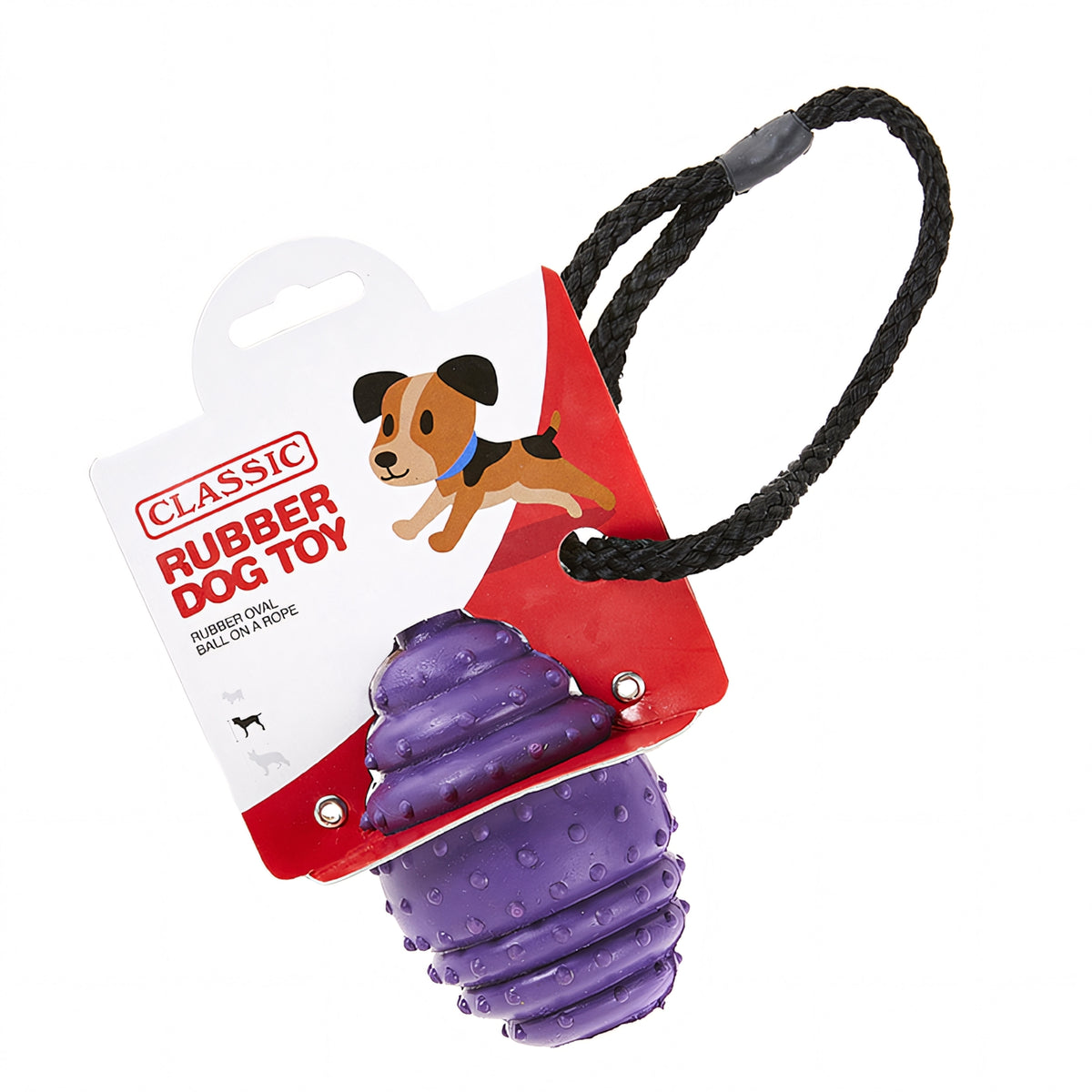 Classic Rubber Oval Ball on a Rope Dog Toy 10cm — Red, Blue or Purple