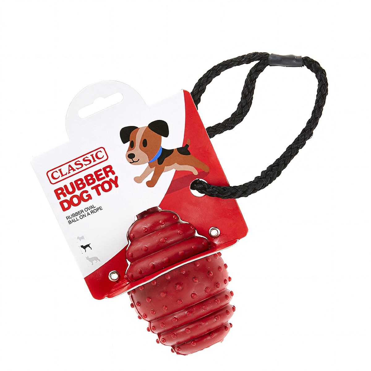 Classic Rubber Oval Ball on a Rope Dog Toy 10cm — Red, Blue or Purple
