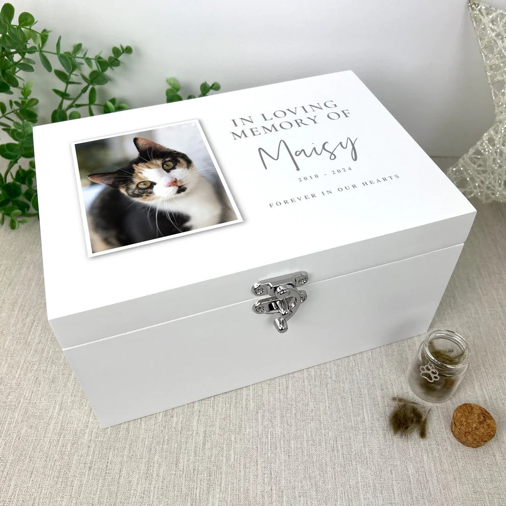 Personalised White Wooden In Loving Memory Of Pet Photo Memorial Keepsake Box 3 Sizes