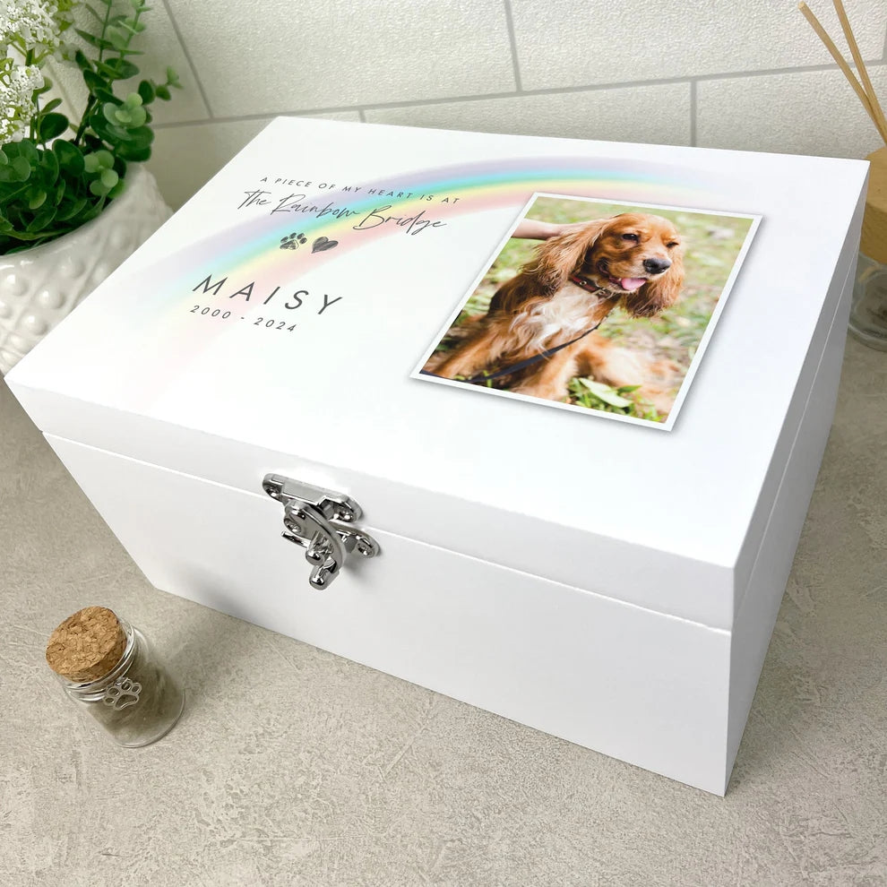 Personalised White Wooden Rainbow Bridge Pet Photo Memorial Keepsake Box 3 Sizes