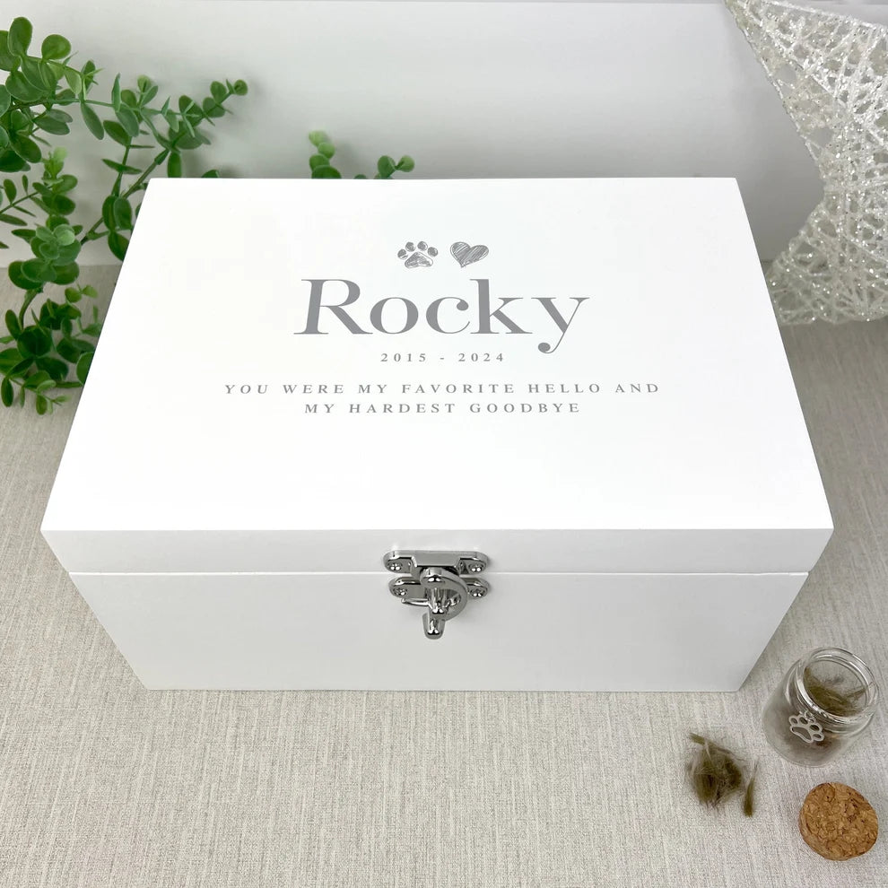 Personalised White Wooden Sketch Pet Memorial Keepsake Box 3 Sizes