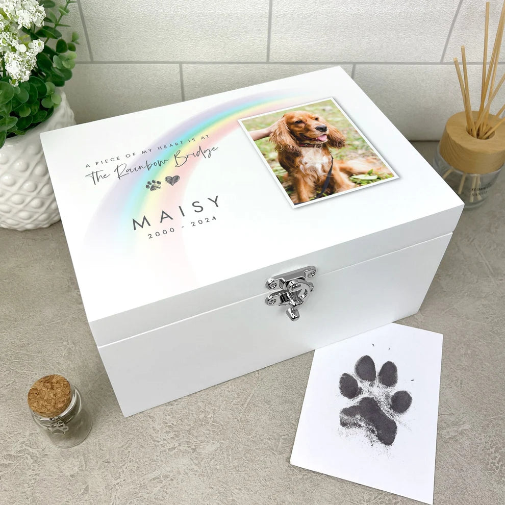 Personalised White Wooden Rainbow Bridge Pet Photo Memorial Keepsake Box 3 Sizes