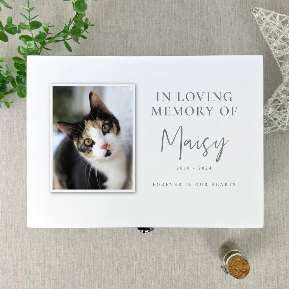 Personalised White Wooden In Loving Memory Of Pet Photo Memorial Keepsake Box 3 Sizes