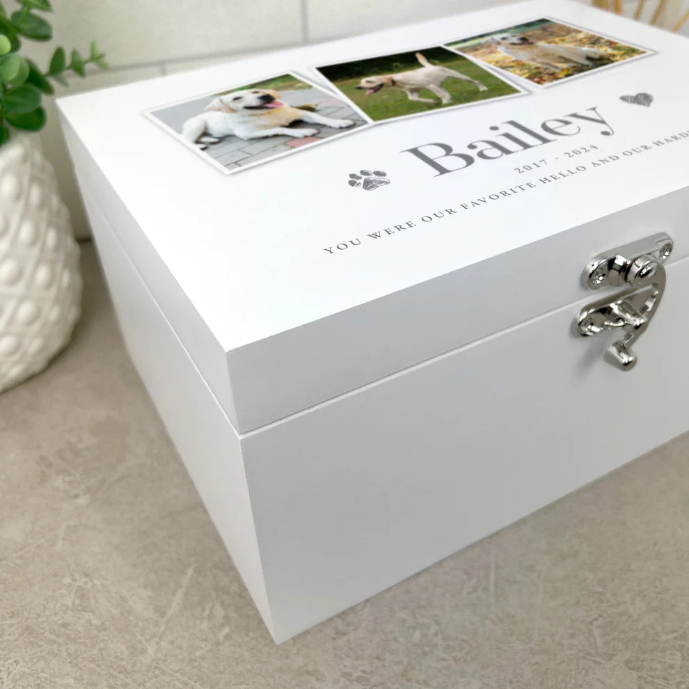 Personalised White Wooden Three Photo Pet Memorial Keepsake Box 3 Sizes