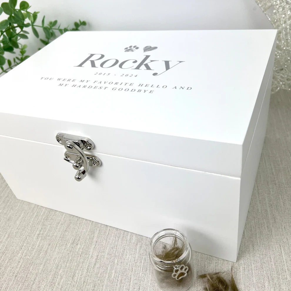 Personalised White Wooden Sketch Pet Memorial Keepsake Box 3 Sizes