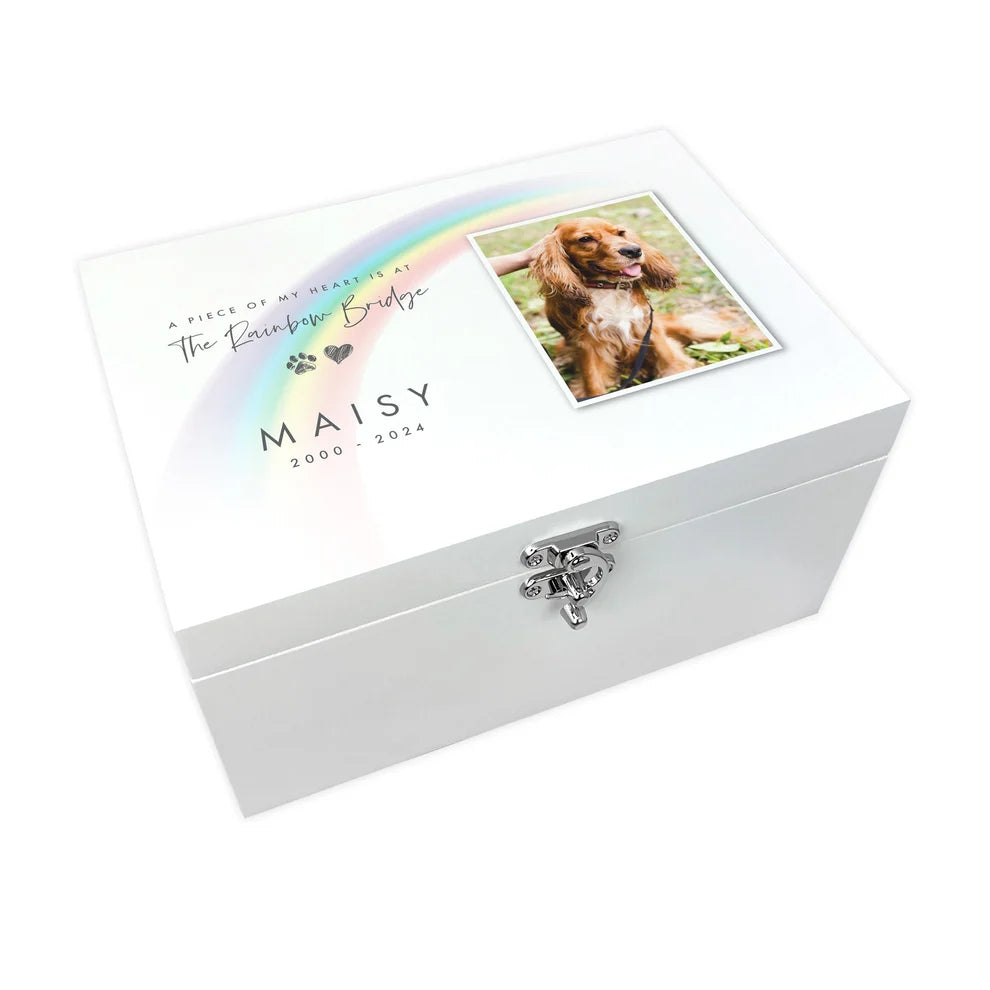 Personalised White Wooden Rainbow Bridge Pet Photo Memorial Keepsake Box 3 Sizes