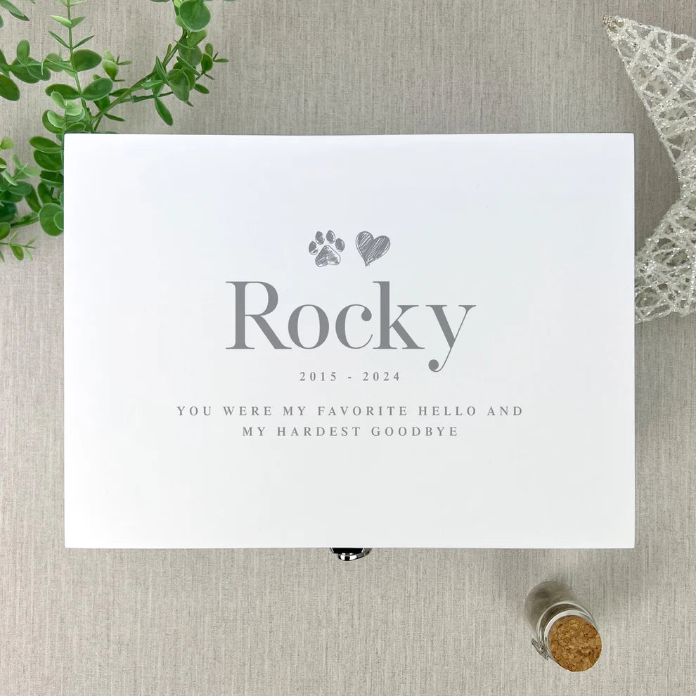 Personalised White Wooden Sketch Pet Memorial Keepsake Box 3 Sizes