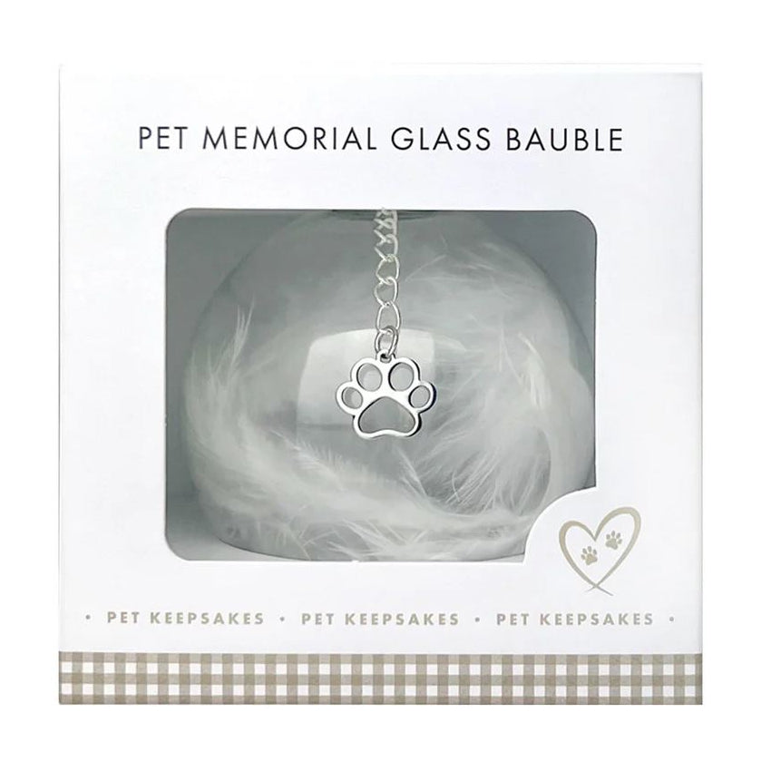 Pet Memorial Feather Filled Glass Bauble With Paw Print Charm